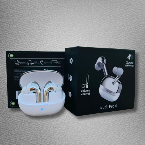 Buds Pro 4 Wireless Earbuds – White & Gold Edition| Active Noise Control | Touch Volume Control | Voice Changer