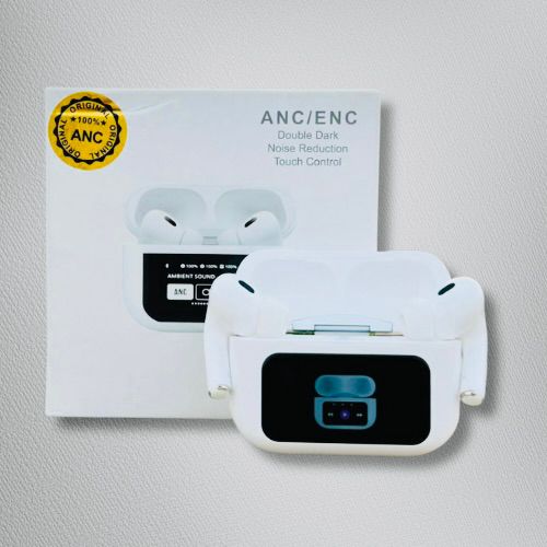 ANC/ENC Pro Wireless Earbuds – Smart Display Case, Deep Bass, Noise Cancellation, Touch Controls-White Edition
